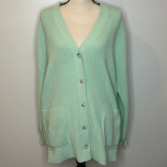 LOFT Light Green Ribbed Relaxed V-Neck Cardigan Sz XXL - Picture 1 of 6